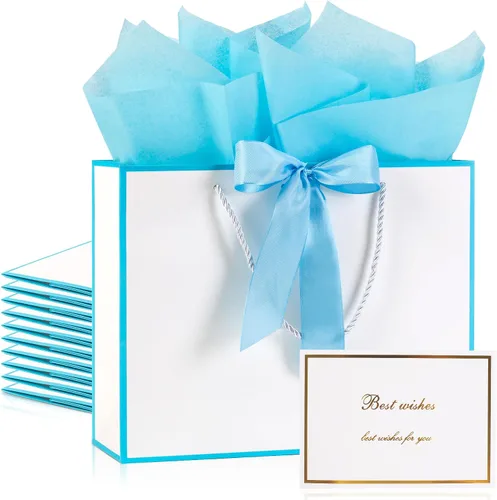 Miniatura 20 de PASEOTA Bolsas de regalo de 12.6" a granel, 10 bolsas de regalo con 20 papeles de seda y 10 tarjetas de felicitación, bolsa de lujo con asas