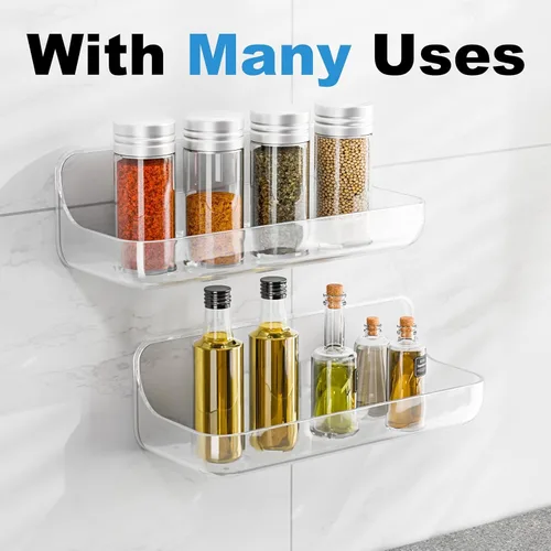 Miniatura 7 de Organizador adhesivo para ducha, paquete de 2 estantes acrílicos para baño, sin taladro, organizador de montaje en pared, estante de almacenamiento