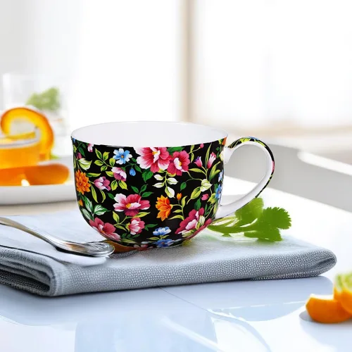 Miniatura 4 de Tazones de sopa de 25 onzas con asas, taza de sopa de porcelana y hueso con asas, taza de sopa de flora grande para café, cereales, avena con leche