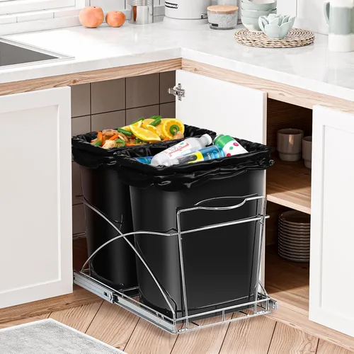 Miniatura 6 de Bote de basura deslizante extraíble de 35 cuartos de galón, contenedor de basura doble, contenedores de reciclaje debajo del gabinete para cocina
