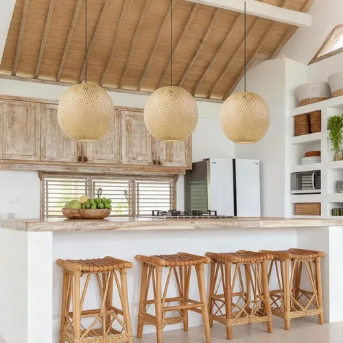Miniatura 3 de Arturesthome Luces Colgantes de Bambú de 15.7", Candelabro de Mimbre Redondo, Pantalla de Lámpara de Canasta Boho Tejida a Mano, Luz de Techo