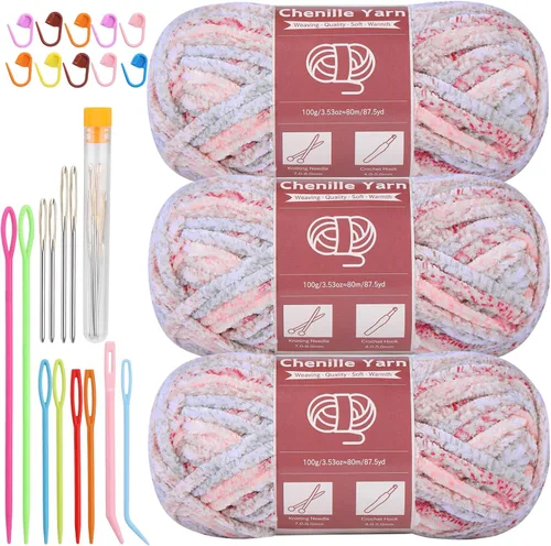 Miniatura 12 de LUNARM Hilado de chenilla para tejer y hacer ganchillo, 3 madejas de 240 metros de hilo grueso, suave y voluminoso, para tejer mantas, ropa y Beige