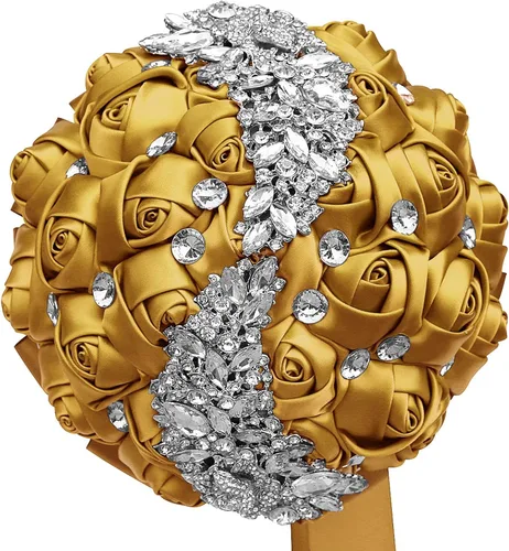 Miniatura 25 de XINNI Ramo de boda verde esmeralda para novia, dama de honor, satén rosa, ramo de boda con diamantes de imitación en forma de lluvia de meteoritos