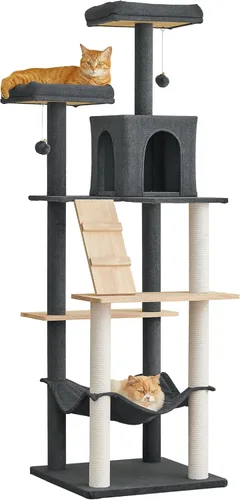 Miniatura 10 de MWPO Árbol grande y moderno para gatos, torre de madera de 70.1 pulgadas para gatos de interior, condominio alto para gatos de varios niveles con 2