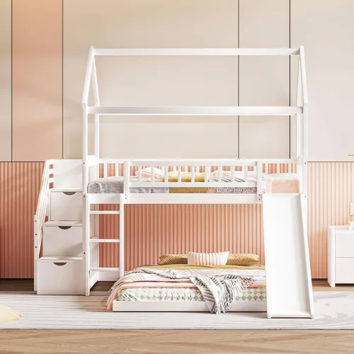 Miniatura 14 de Actual Literas de casa con tobogán, litera de madera maciza individual sobre cama individual con escaleras, techo, barandillas, cama alta de madera