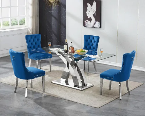 Miniatura 10 de Juego de mesa de comedor de cristal plateado moderno de 70 pulgadas para 4, juego de mesa de comedor rectangular de 5 piezas con patas de acero