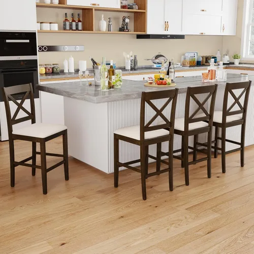 Miniatura 11 de Giantex 24" Bar Stools Set of 2, Farmhouse Counter Height Barstools w/Footrest, Cross Back, Comfortable Linen Cushion, Upholstered Wood Bar Chairs