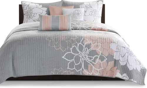 Miniatura 8 de Madison Park Lola Juego de colcha 100 % algodón, informal, floral, puntadas en canal, 365 días, ligero, colcha, almohadas decorativas, fundas, Rubor