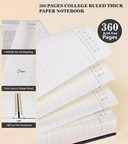 Miniatura 5 de MUAHLIUB Cuaderno de espiral rayado universitario, 360 páginas rayadas gruesas para mujeres y hombres, cuadernos grandes B5 con papel de 100GSM
