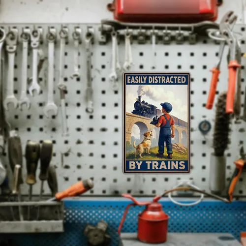 Miniatura 6 de Letrero de hojalata fácilmente distraído por trenes – Decoración de tren para habitación de niños y hombres – Regalos de tren para papá