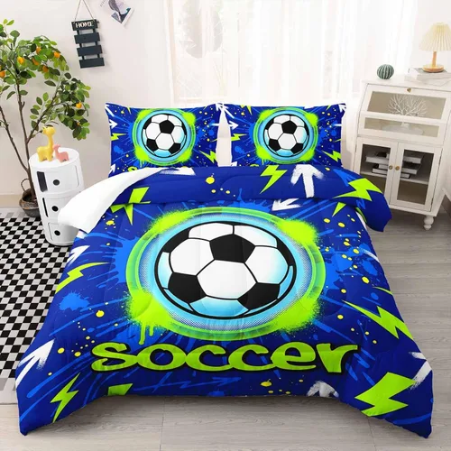 Miniatura 16 de AILONEN Football Themed Children's Double Three piece Bedding Set, Boys' Sports Printed Duvet Cover, Blue Orange Sports Blanket, 2 Pillowcases