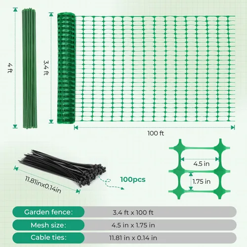 Miniatura 7 de Ohuhu Valla de seguridad de plástico para jardín, 3.4 x 100 pies, rollo de valla de jardín reutilizable con 25 estacas de 4 pies más gruesas