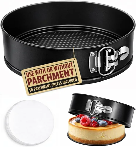 Tellshun - Molde para pastel de 8 pulgadas con revestimiento antiadherente, juego de 50 papeles de pergamino, molde para tarta de queso con fondo