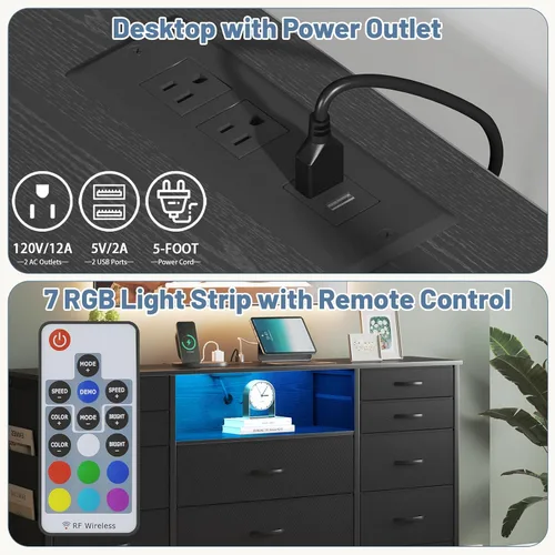 Miniatura 5 de HCHQHS Cómoda de 47 pulgadas para dormitorio con 13 cajones, bolsillos laterales, ganchos y luces con control remoto, pasillo, armario, cocina, Negro