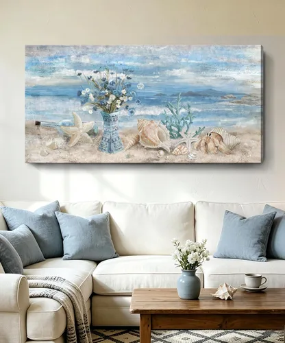 Miniatura 15 de Arte de pared para decoración de baño, imagen de playa azul, tema oceánico, impresión en lienzo de flores, pintura moderna de paisaje marino