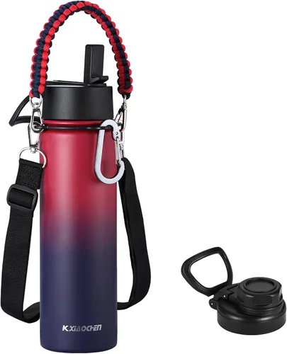 Miniatura 18 de KXIAOCHEN Botella de agua aislada, botella de agua de acero inoxidable, 2 tapas (con pajilla y tapa con asa), botellas de agua metálicas de boca