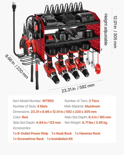 Miniatura 7 de VEVOR Organizador de herramientas eléctricas con estación de carga, estante de almacenamiento para taladros de 3 capas con 4 soportes para taladros