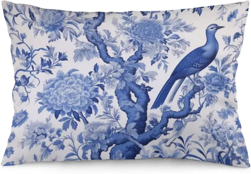 Fundas de almohada vintage de 16 x 24 pulgadas, diseño de pájaros azules y flores blancas, decoración de sofá, sala de estar, dormitorio, dormitorio