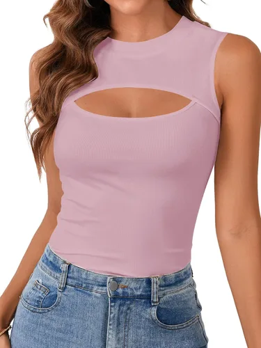 Miniatura 11 de Vrtige Camiseta sin mangas sexy con cuello redondo para mujer, de punto acanalado, sin mangas, ajustada