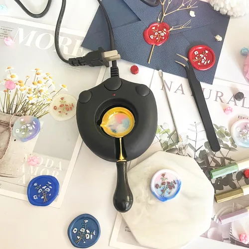 Miniatura 8 de Kit de calentador de sellos de cera eléctrico negro con cuchara, pinzas y palito de agitador, para sello de cera, sobre letras y manualidades