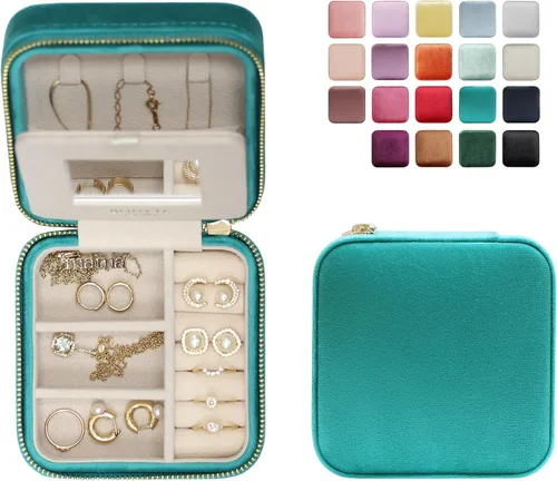 BLUTETE Joyero de viaje organizador de terciopelo con espejo, anillos, aretes, collares, caja organizadora de almacenamiento (turquesa)