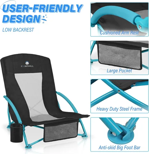 Miniatura 4 de Paquete de 2 sillas de playa bajas, sillas de asiento bajas plegables compactas para adultos con respaldo de malla, portavasos y bolsa