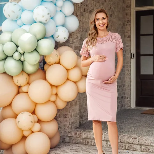 Miniatura 3 de guruixu Vestido ajustado de maternidad con cuello de encaje floral, vestido de maternidad para baby shower, sesión de fotos causal