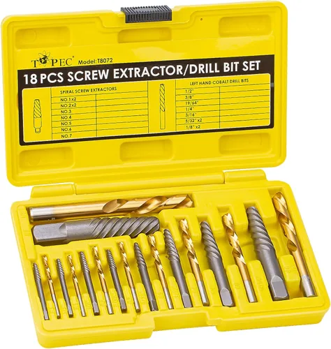 Topec Extractor de tornillos y juego de brocas de mano izquierda - Juego de 18 piezas para una extracción fácil de pernos rotos Extractor de