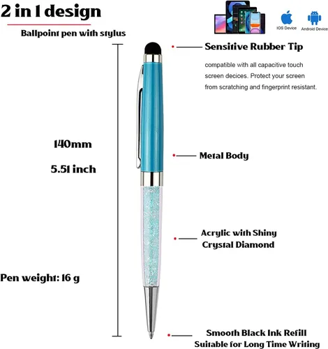 Miniatura 8 de Ancolo Bolígrafos personalizados, punta de lápiz capacitivo, cristal azul, bolígrafos personales personalizados, juego de escritura escolar, Azul