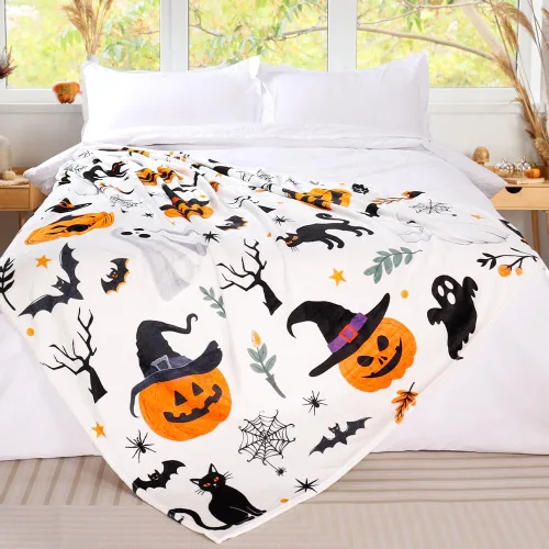 Miniatura 6 de Tupmnbry Manta de Halloween con estampado de calabaza, fantasma, gato, manta de franela súper suave, manta de cama ligera y esponjosa para cama