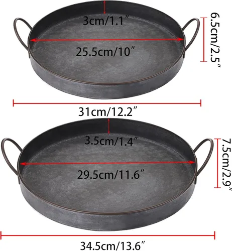 Miniatura 4 de Hipiwe Juego de 2 bandejas de hierro de metal de estilo industrial con asa, bandeja de almacenamiento galvanizada rústica, mesa de centro de mesa