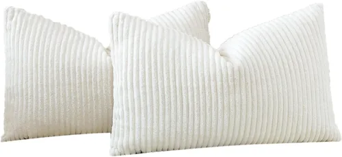 Miniatura 7 de OTOSTAR Juego de 2 fundas de almohada decorativas bohemias de 16 x 24 pulgadas, de pana suave, a rayas lisas, fundas de almohada lumbares para sofá
