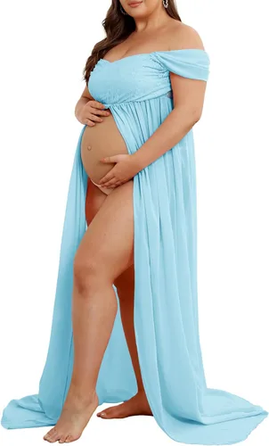 Miniatura 4 de Vestido de maternidad para sesión de fotos con hombros descubiertos, vestido de gasa con abertura frontal, maxi vestidos de embarazo para fotografía