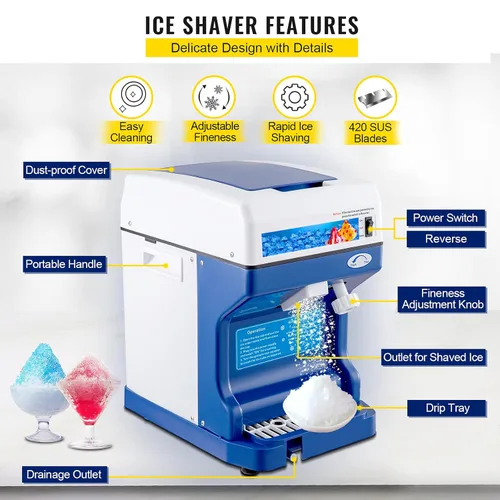 Miniatura 3 de VEVOR Máquina eléctrica de 110V para hielo raspado, máquina para hacer conos de nieve de 500W, de mesa con textura de hielo ajustable, máquina