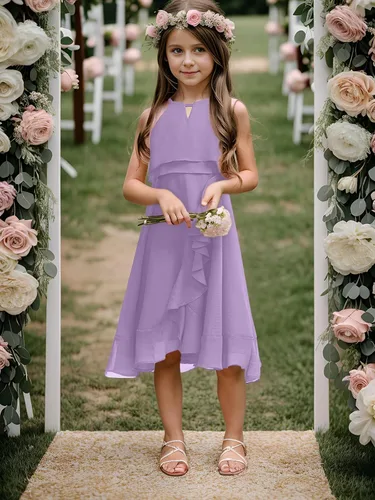 Miniatura 4 de Vestido de dama de honor para niños, de gasa, con cuello halter, acampanado, elegante, para boda, de 5 a 14 años