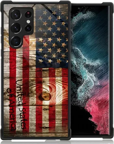 ZHEGAILIAN Funda para Samsung Galaxy S22 Ultra, bandera estadounidense de madera S22 Ultra para hombres y niños, protección contra caídas con