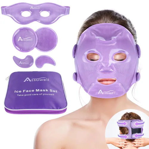 Atsuwell Juego de mascarillas faciales de hielo refrescante para ojeras e hinchazón, 6 paquetes fríos de gel para cara, ojos, forro de felpa suave,