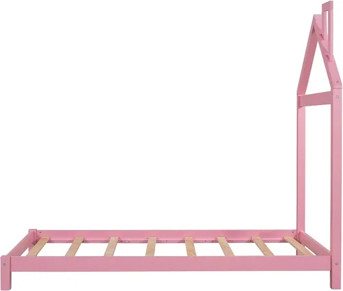Miniatura 5 de Cama de plataforma de madera de tamaño individual con cabecera en forma de casa, plataforma única para niños y niñas, no requiere somier