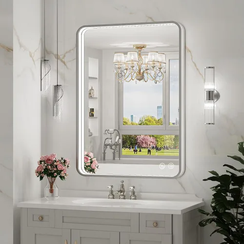 Miniatura 23 de Espejo de baño LED de 20 x 28 pulgadas con luces, marco de metal negro, espejo de tocador iluminado para pared, espejo LED regulable de 3000 K/4500