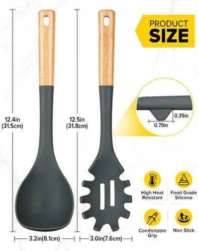 Miniatura 3 de Juego de cucharón de sopa de silicona y cuchara de espagueti con mango de madera, utensilios de cocina antiadherentes resistentes al calor para Gris