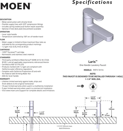 Miniatura 8 de Moen Laris - Grifo cromado de un solo agujero con una manija para lavabo de baño moderno con plato de cubierta opcional y montaje de desagüe