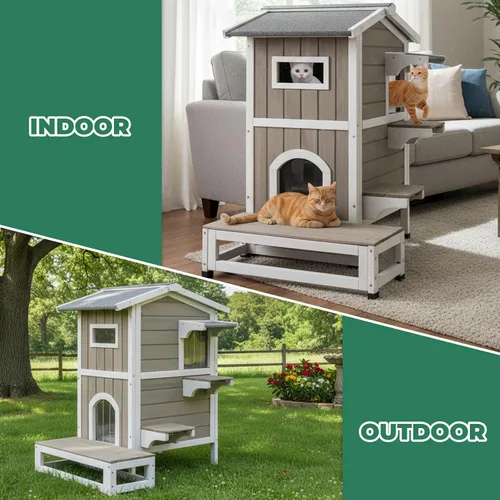 Miniatura 8 de Casa para gatos al aire libre resistente a la intemperie, casa de madera para gatos de dos pisos con techo que se puede abrir, 4 puertas, balcón