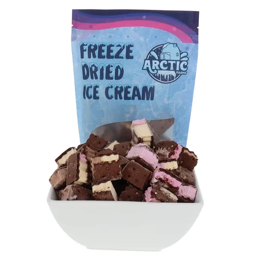 Arctic Farms Bocaditos de sándwich de helado liofilizado en bolsas y en caja, no se derrite (napolitano, 3.5 onzas)