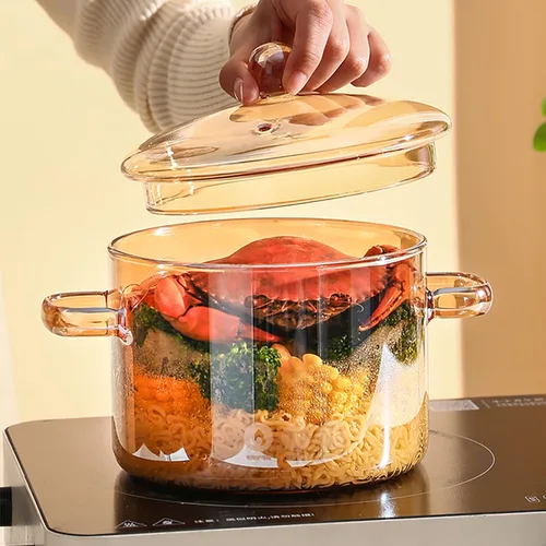 Miniatura 7 de Olla de vidrio transparente para estufa, sartén de doble asa con tapa para fideos de pasta, sopa, leche, preparación de alimentos para bebés o Ámbar
