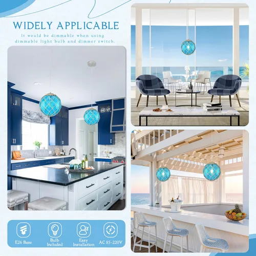 Miniatura 3 de Lámpara colgante costera azul de 10 pulgadas para isla de cocina, lámpara de techo con globo de vidrio oceánico para casa de playa, lámpara colgante