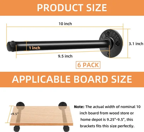Miniatura 2 de Soportes para estantes de tubería de 10 pulgadas, soporte de pared de metal negro industrial flotante para estantes de madera, estilo rústico