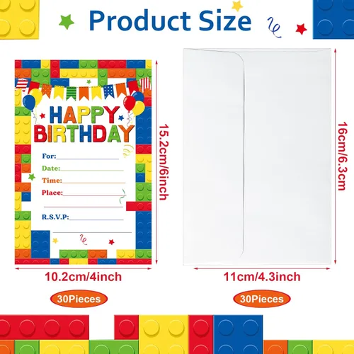 Miniatura 2 de Nezyo Paquete de 30 invitaciones para fiesta de cumpleaños de niños, suministros de fiesta de niños, regalos de ladrillos apilables, juego