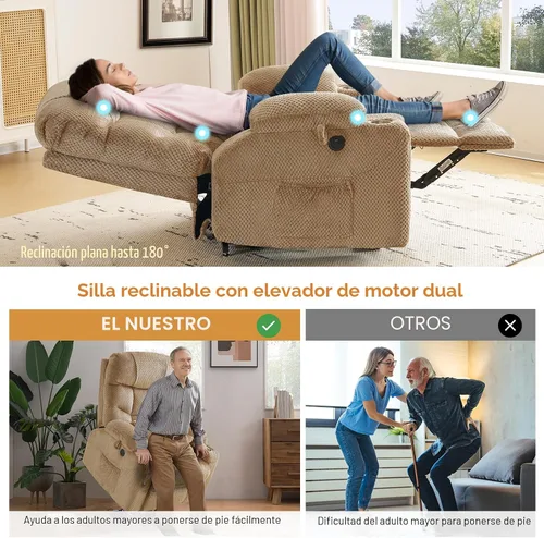 Miniatura 3 de CDCASA Silla Reclinable de Elevación Eléctrica de Gran Tamaño con Doble Motor que se Recuesta Completamente con Masaje, Calefacción, Textil