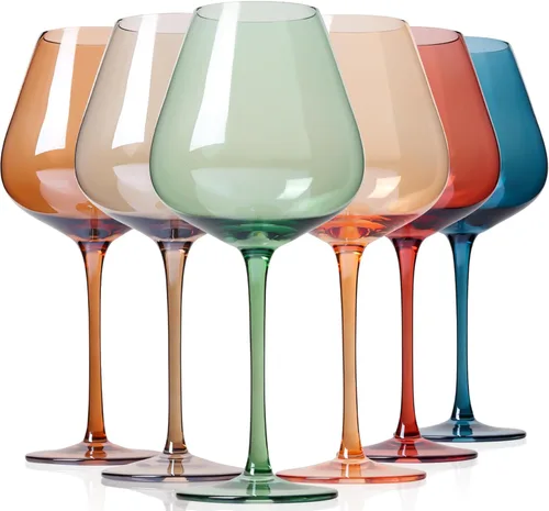 Physkoa Juego de copas de vino de colores Burgendy de 6 a 18 onzas, copas de vino coloridas sopladas a mano con tallo largo, copas de vino