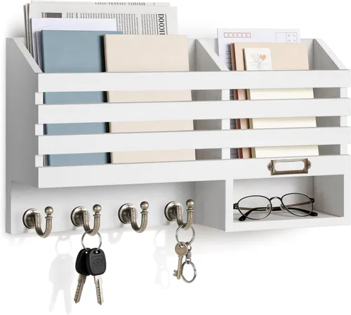 Miniatura 11 de FifthQuarter Organizador de llaves y correo para pared, organizador de correo con montaje en pared con 6 ganchos y cajón de almacenamiento, estante